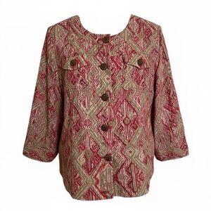 Charter Club Linen Aztec Button Front 3/4 Sleeve Casual Jacket Pink Tan Size 16